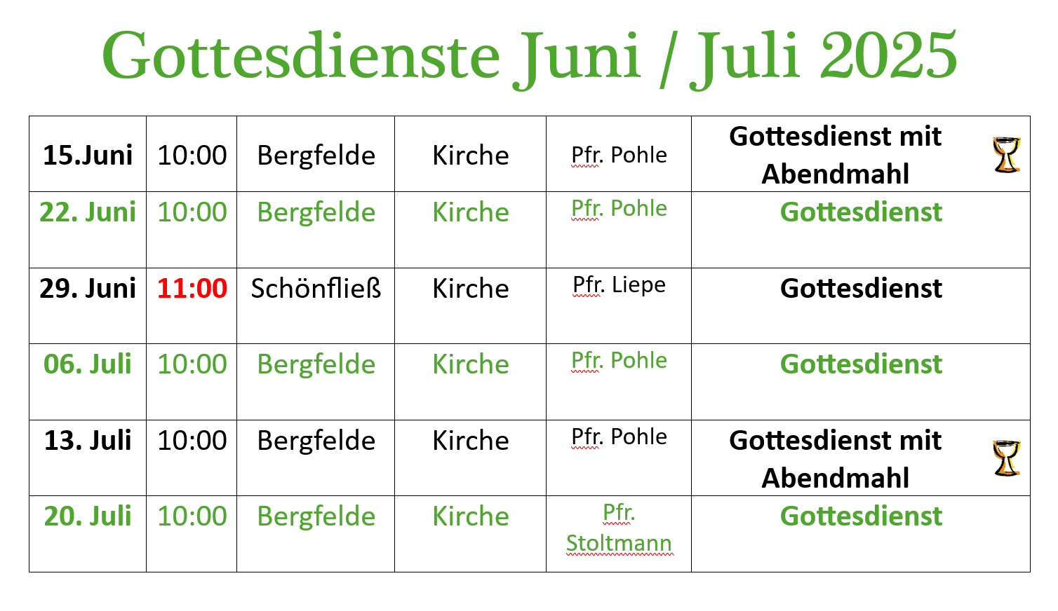 Gottesdienstplan Juni-Juli