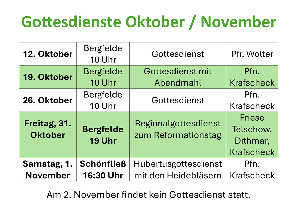 Tabelle der Gottesdienste im Oktober