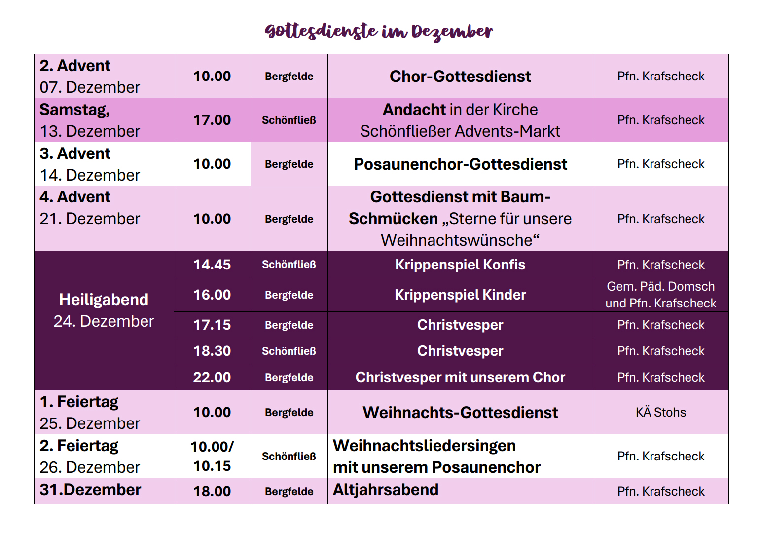 Tabelle der Gottesdienste im Dezember