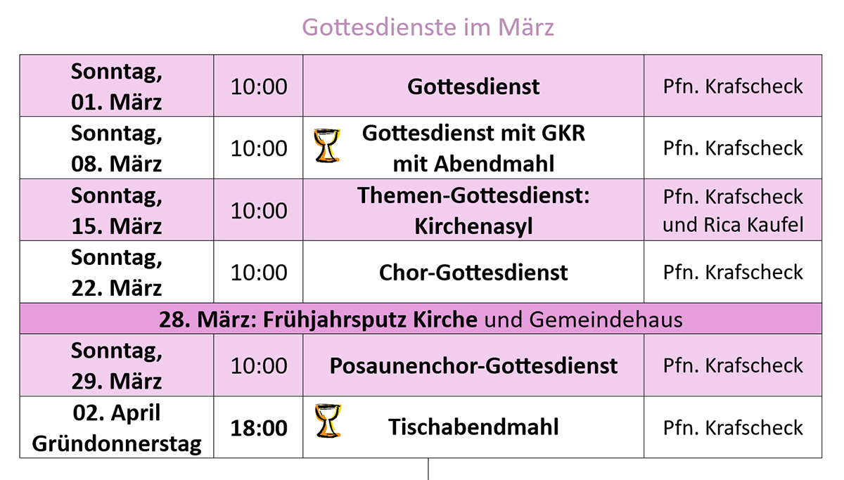 Tabelle der Gottesdienste im März